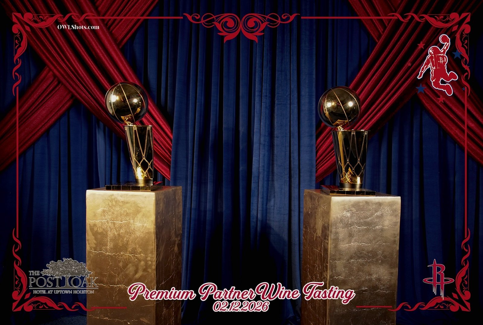 OWLShots photo booth backdrop at The Post Oak Hotel for a Houston Rockets Premium Partner wine tasting