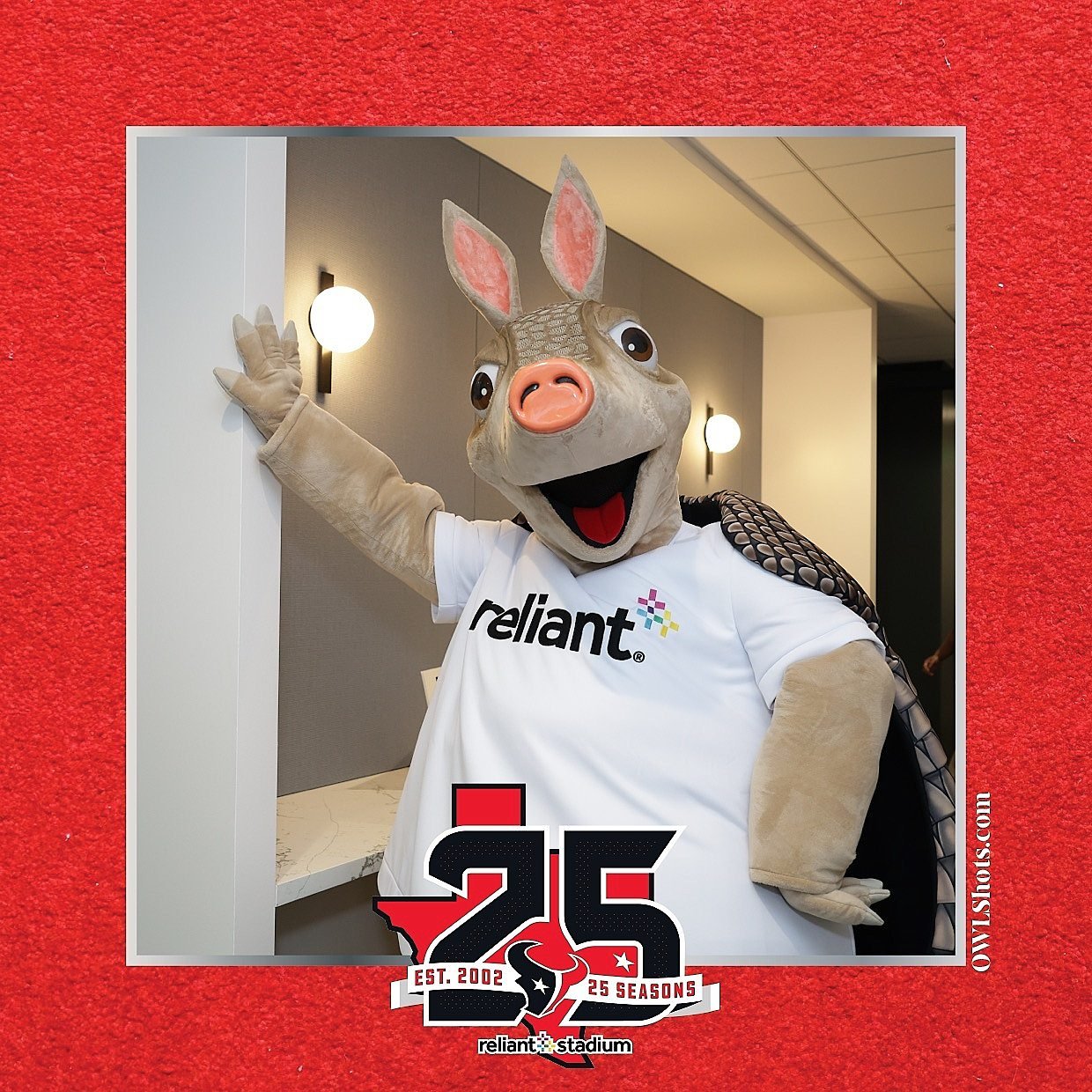 OWLShots photo booth print featuring the Houston Texans mascot at Reliant Stadium's 25th season celebration