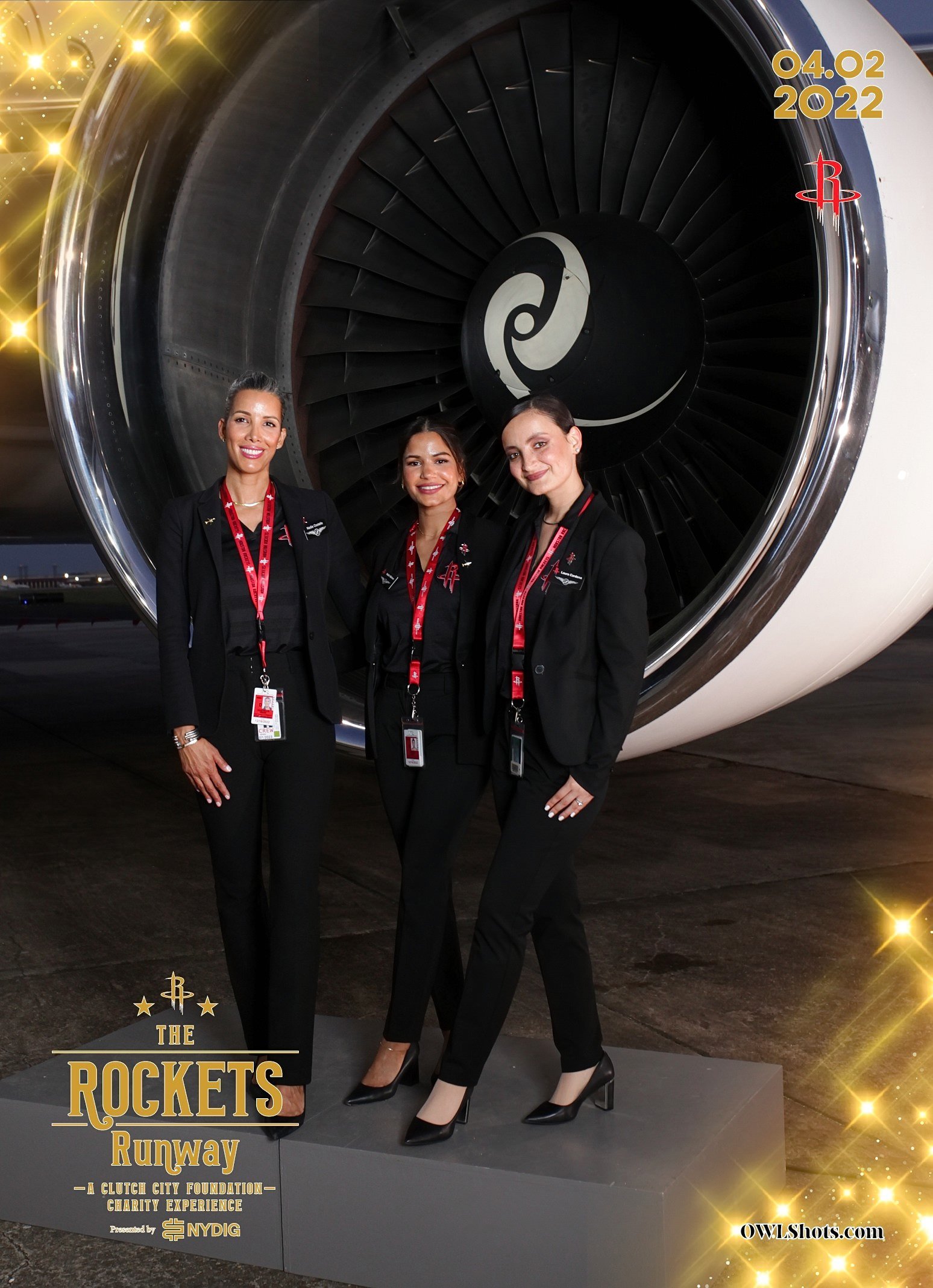 OWLShots photo booth print from the Houston Rockets' “Rockets Runway” Clutch City Foundation charity gala, guests posed in front of a private jet engine