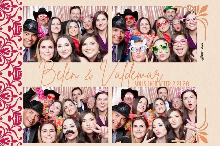 Guests celebrating Belén and Valdemar's wedding reception against a rose-gold sequin backdrop