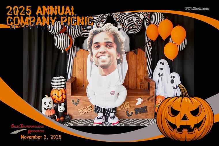 A Halloween-themed big-head photo op at SelecTransportation Resources' 2025 Annual Company Picnic